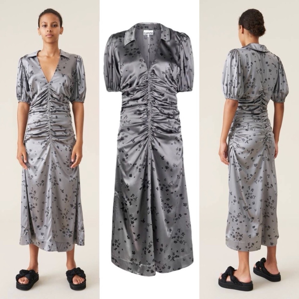 Ganni floral print silk puff shoulder ruched midi dress FIRM PRICE